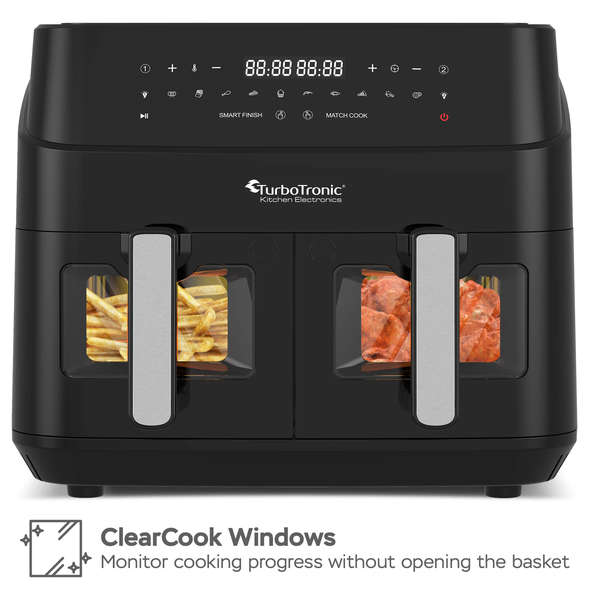 Nutrichef Double Basket Air Fryer 8.8 QT | Family Size Oil Free Airfryer  with Transparent Window | 9-1 Preset Cooking Options | 360° Hot Air